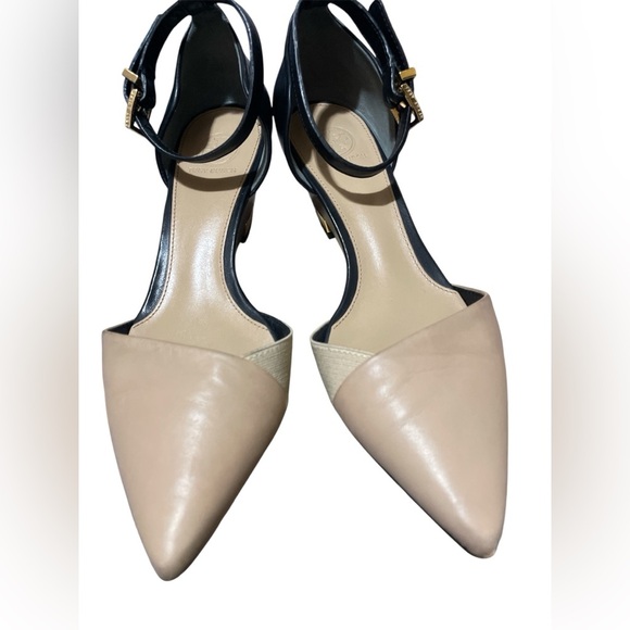 Tory Burch McKenna Leather Beige and Black Wedges - Picture 1 of 15